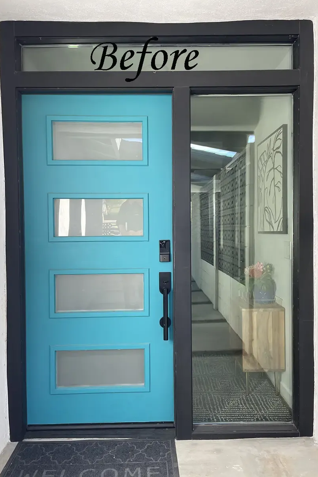 Blue door with glass panels